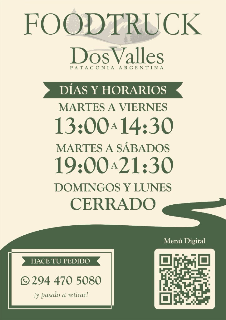 Horarios del food truck Dos Valles: mar–vie 13:00–14:40, mar–sáb 19:00–21:30, dom y lun cerrado